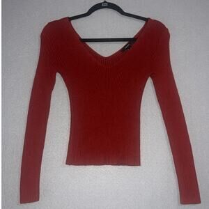 Forever 21 Sweater Women's Small V- Neck Ribbed Long Sleeve Redish Orange